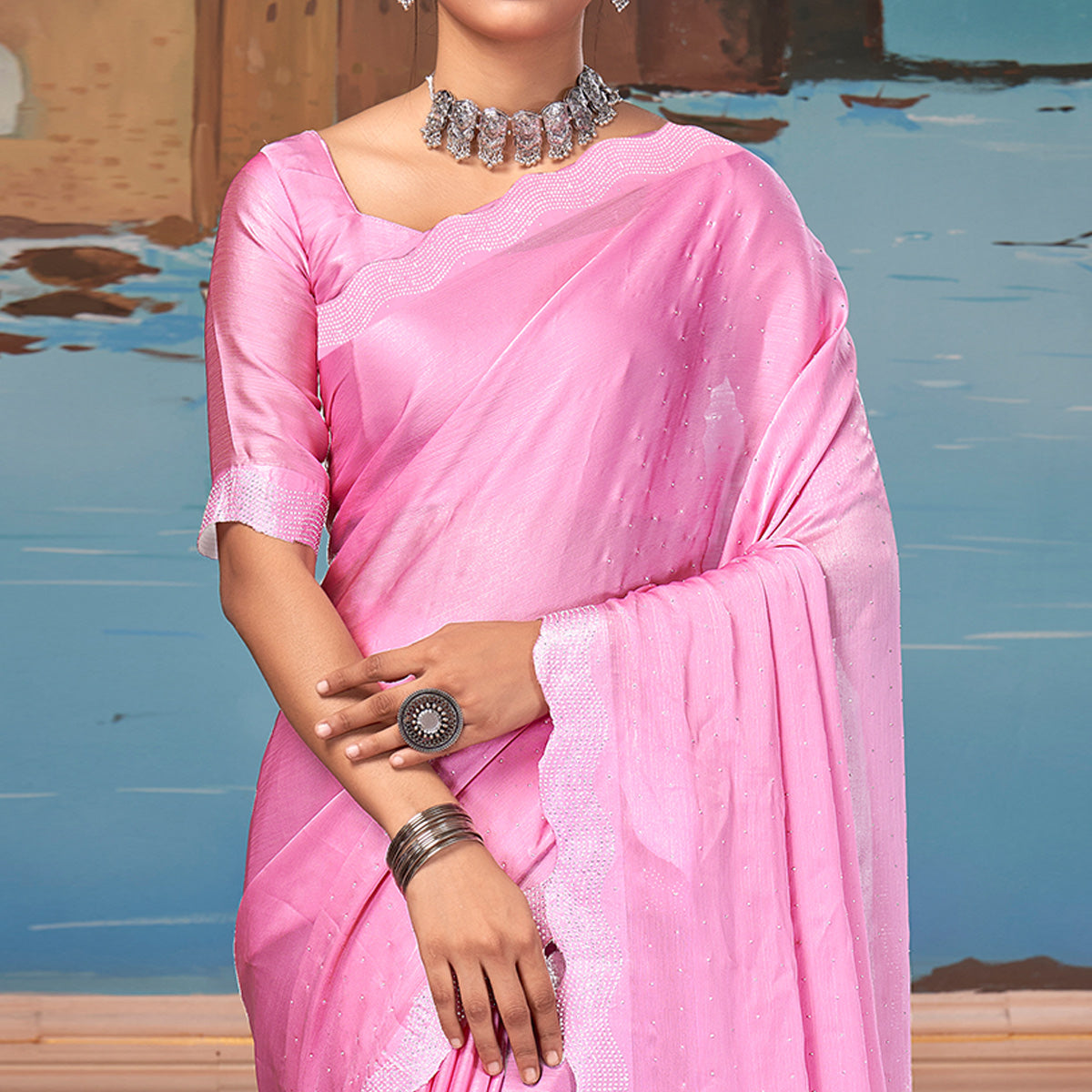 Light Pink Swarovski Work Satin Saree