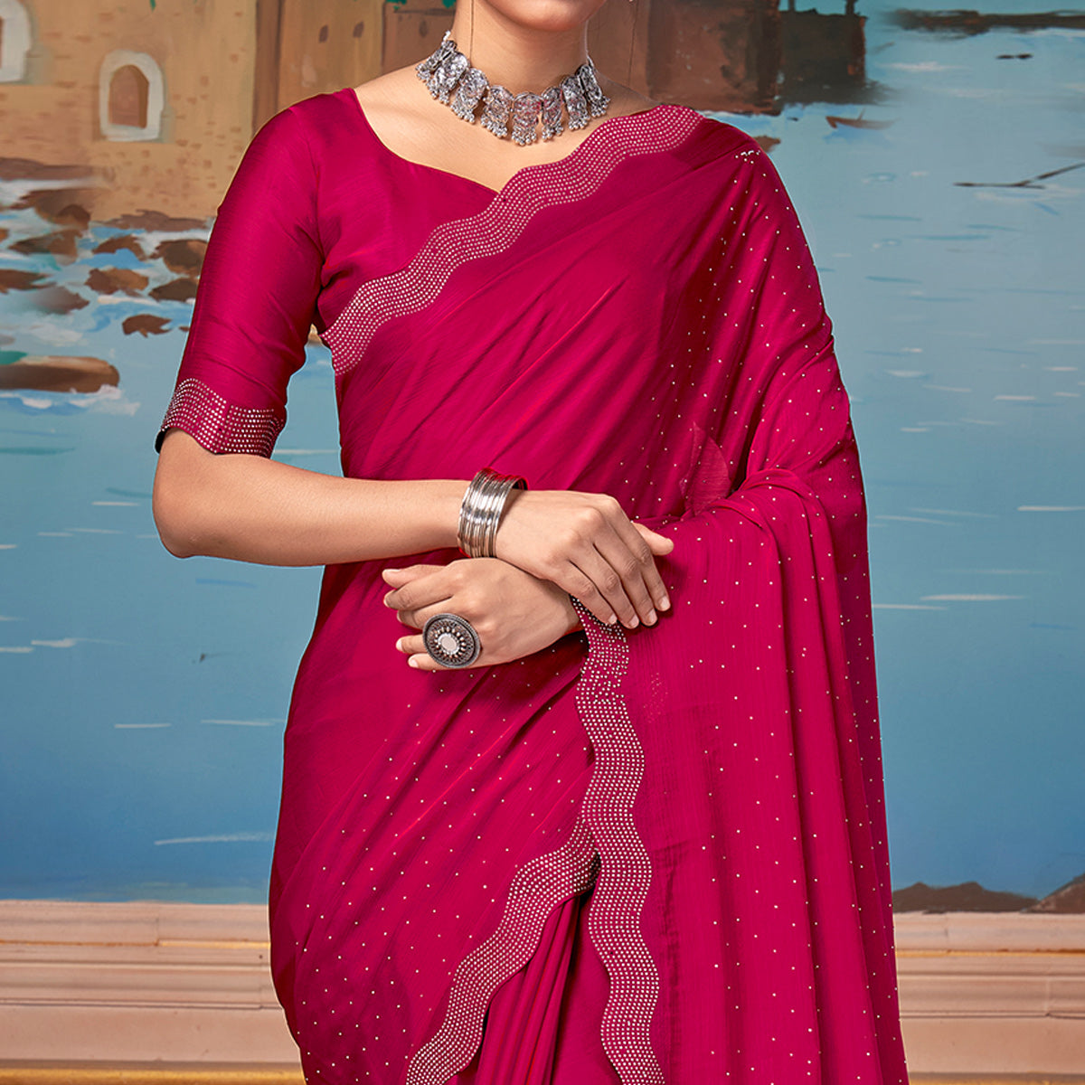 Cherry Pink Swarovski Work Satin Saree
