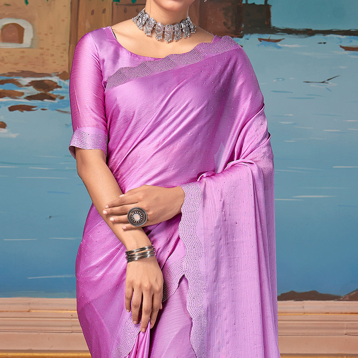 Mauve Swarovski Work Satin Saree