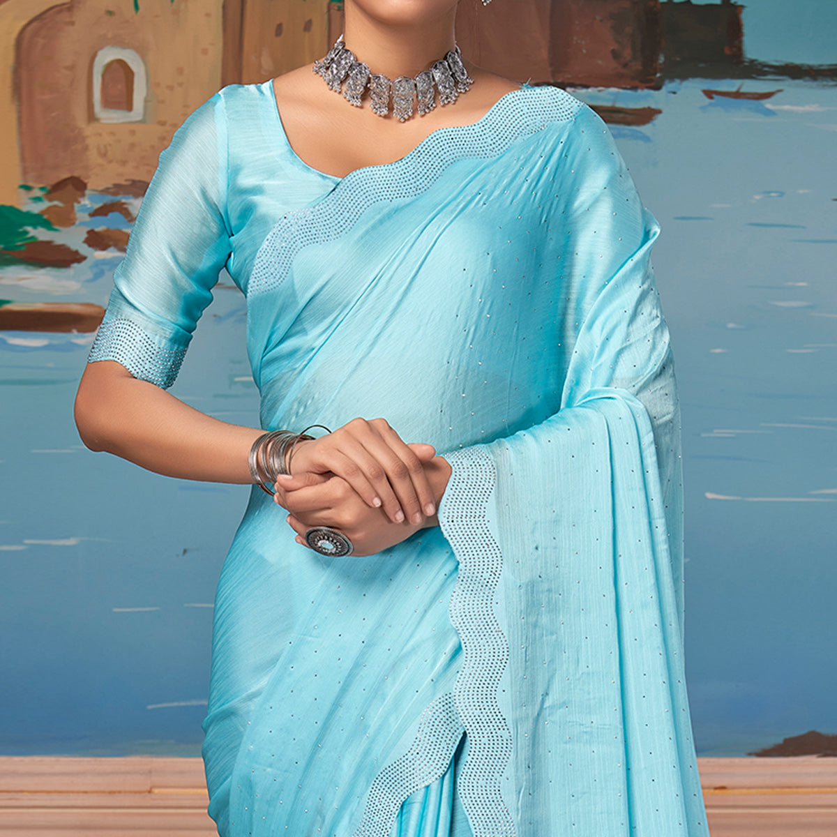 Light Blue Swarovski Work Satin Saree