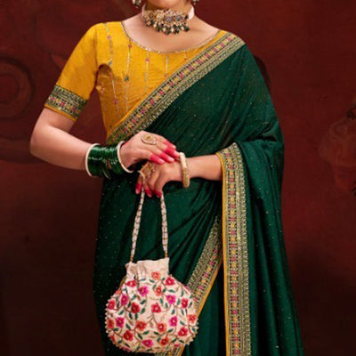 Dark Green Embroidered Vichitra Silk Saree With Tassels