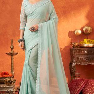 Mint Green Embroidered Crunchy Soft Net Saree With Embellished Border
