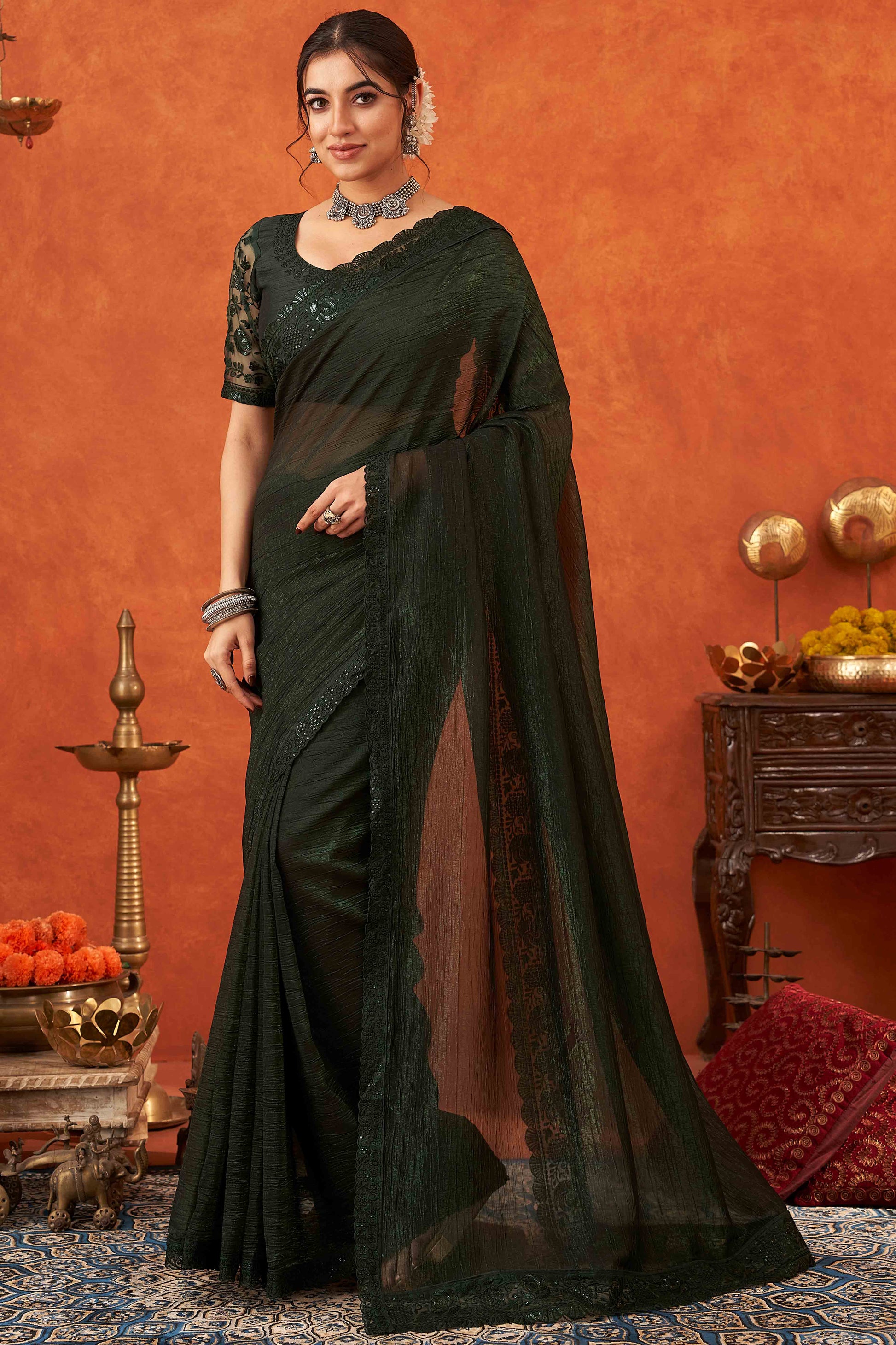green-embroidered-crunchy-soft-net-saree-with-embellished-border