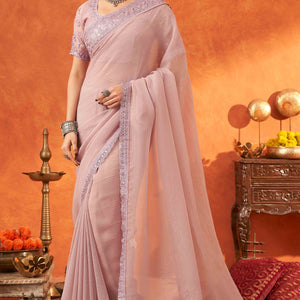 Lavender Embroidered Crunchy Soft Net Saree With Embellished Border
