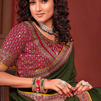 Mehandi Green Swarovski Work Embroidered Vichitra Silk Saree