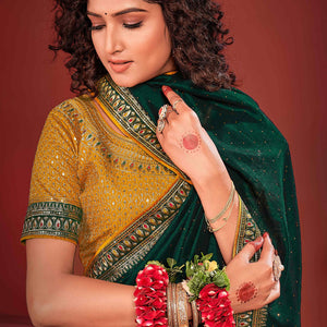 Dark Green Swarovski Work Embroidered Vichitra Silk Saree