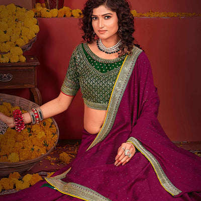 Magenta Swarovski Work Embroidered Vichitra Silk Saree