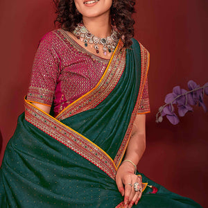 Morpich green Swarovski Work Embroidered Vichitra Silk Saree