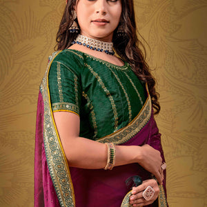 Magenta Swarovski Work Satin Saree With Designer Border