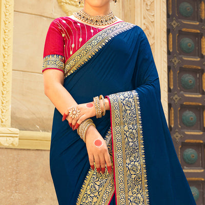 Blue Solid With Embroidered Border Vichitra Silk Saree