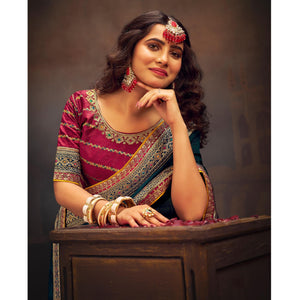 Morpich Green Solid With Embroidered Border Vichitra Silk Saree