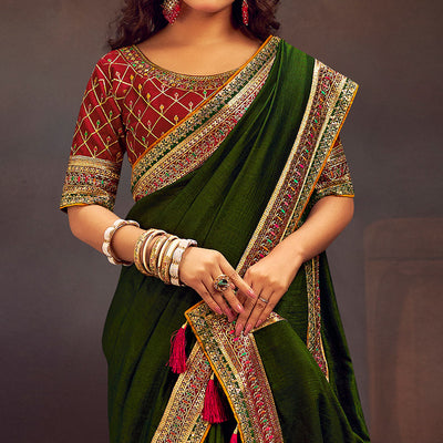 Mehandi Green Solid With Embroidered Border Vichitra Silk Saree