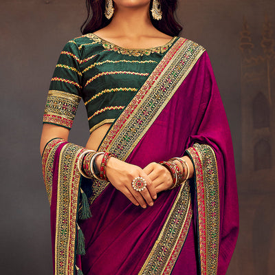 Magenta Solid With Embroidered Border Vichitra Silk Saree