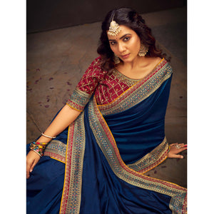 Blue Solid With Embroidered Border Vichitra Silk Saree