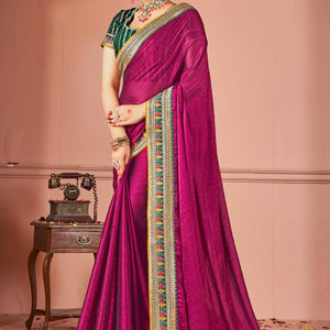 Magenta Swarovski Work Satin Rangoli Saree With Embroidered Border