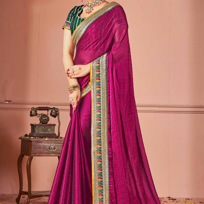 Magenta Swarovski Work Satin Rangoli Saree With Embroidered Border