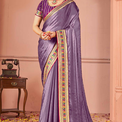 Lavender Swarovski Work Satin Rangoli Saree With Embroidered Border
