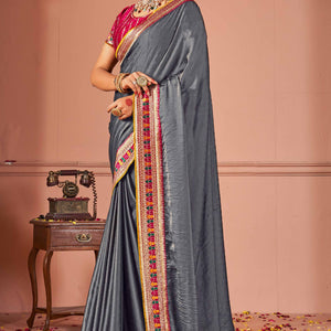 Grey Swarovski Work Satin Rangoli Saree With Embroidered Border
