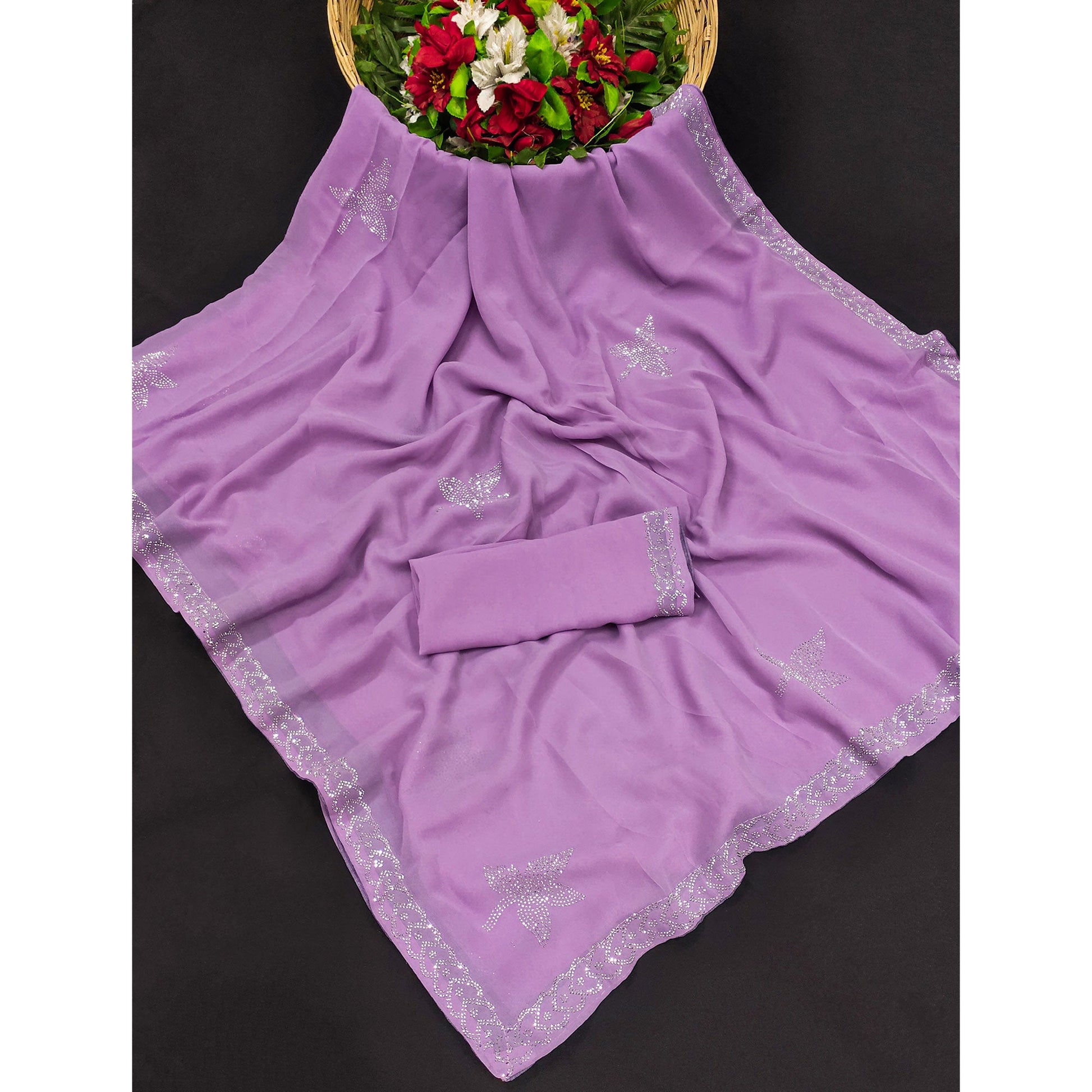 Lavender Floral Swarovski Work Georgette Saree
