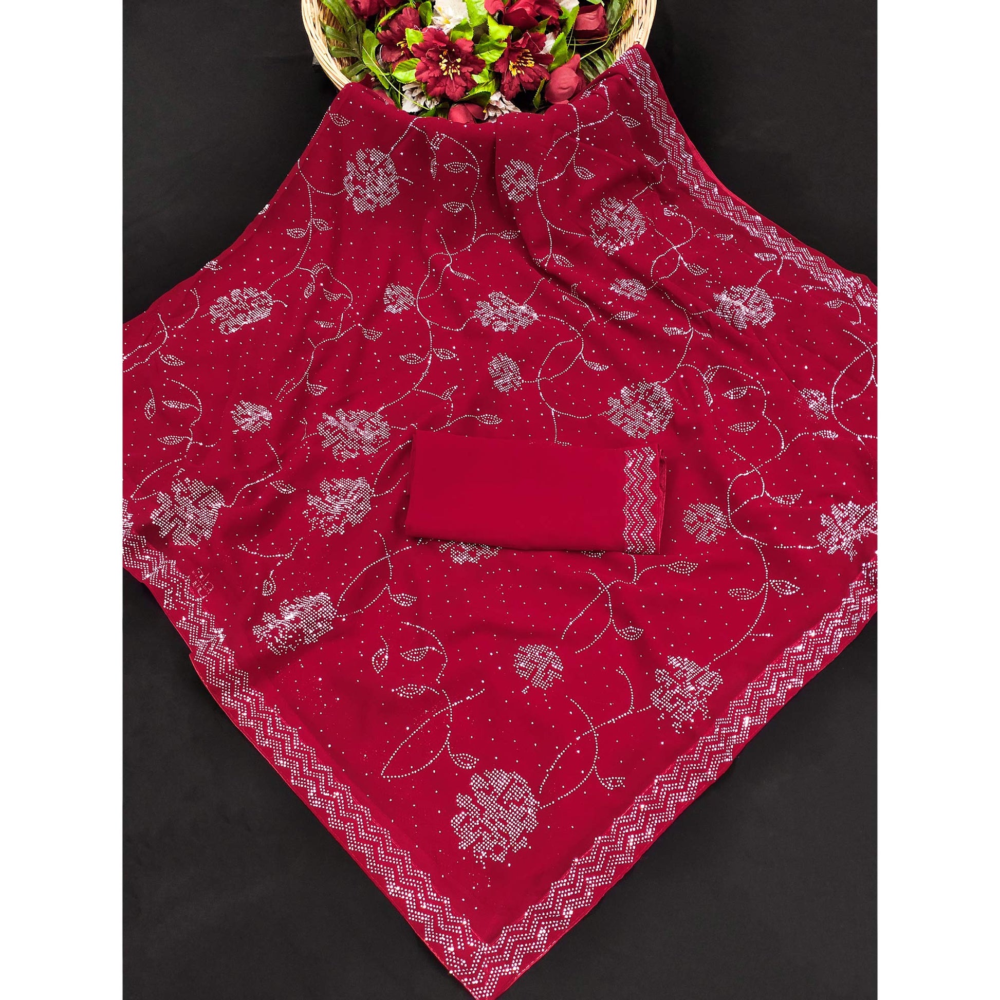Cherry Red Swarovski Work Georgette Saree