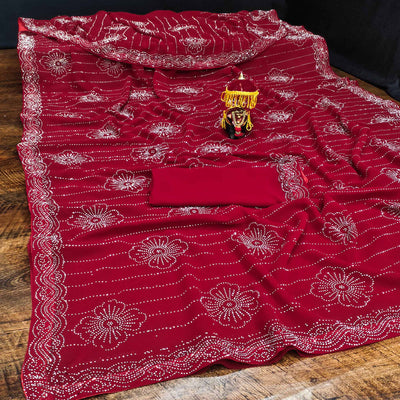 Cherry Red Floral Swarovski Work Georgette Saree