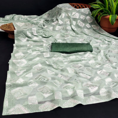 Mint Green Floral Swarovski With Woven Jacquard Saree