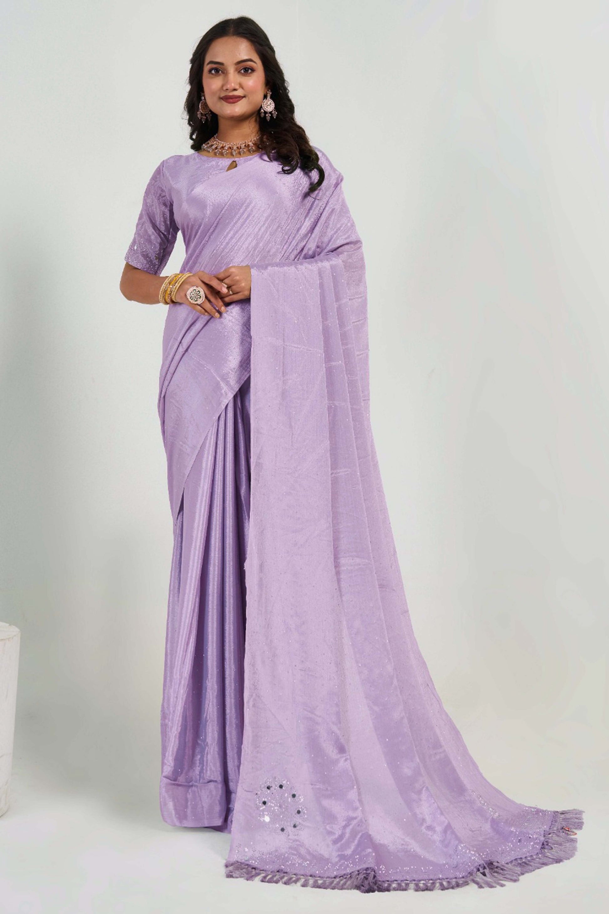 Lavender Swarovski With Mirror Work Chinon Saree