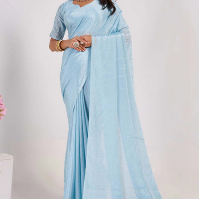 Blue Swarovski With Mirror Work Chinon Saree