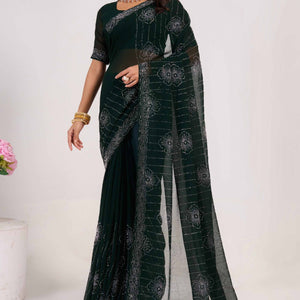 Dark Green Swarovski Work Georgette Saree