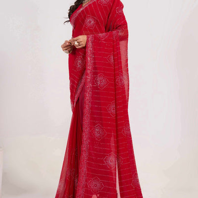Cherry Red Swarovski Work Georgette Saree