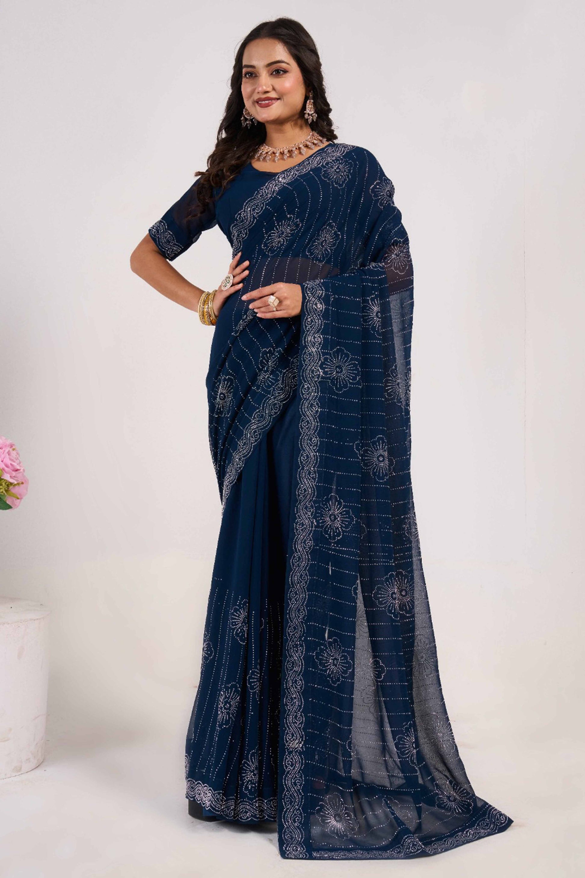 Blue Swarovski Work Georgette Saree