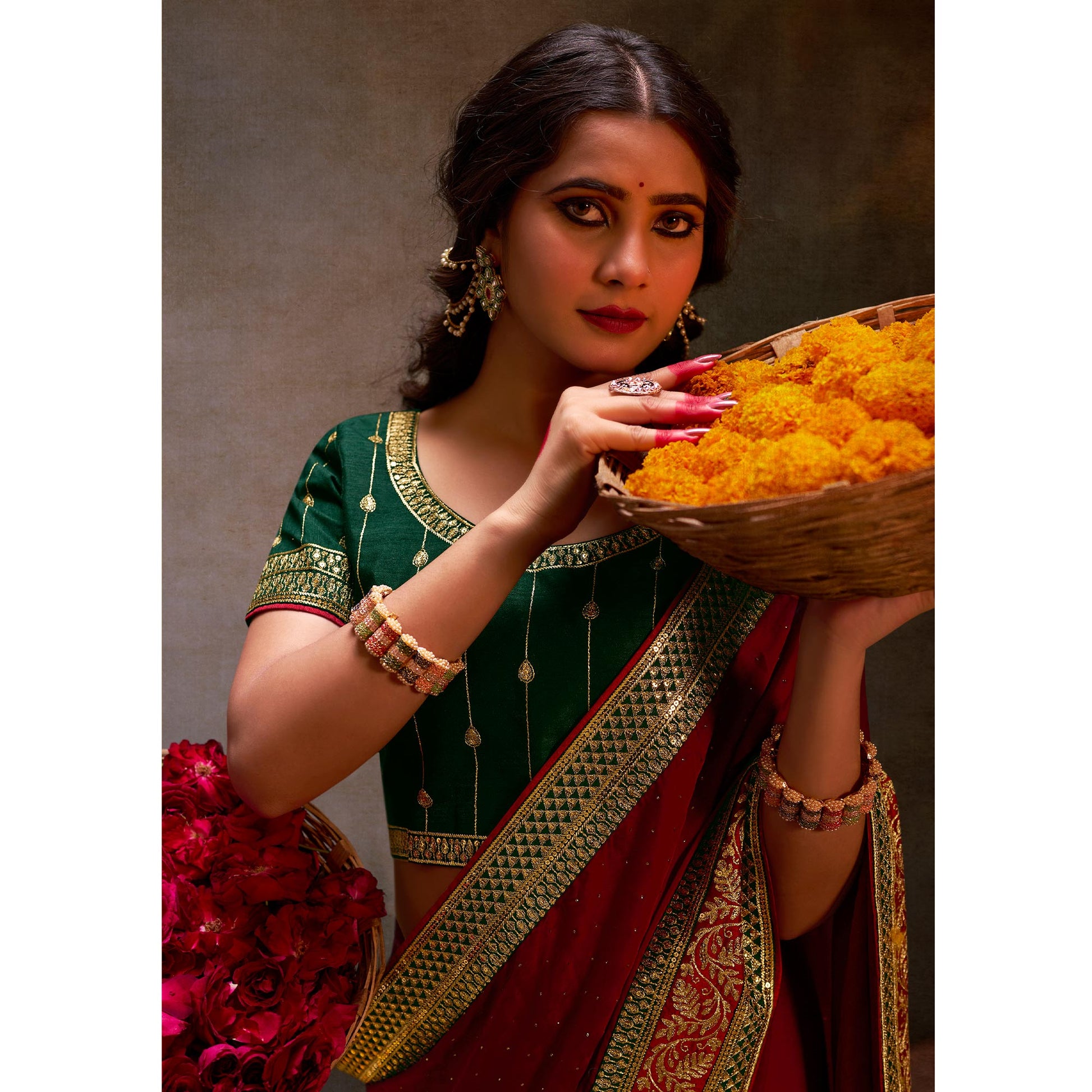 Maroon Swarovski Work Satin Saree With Tassels