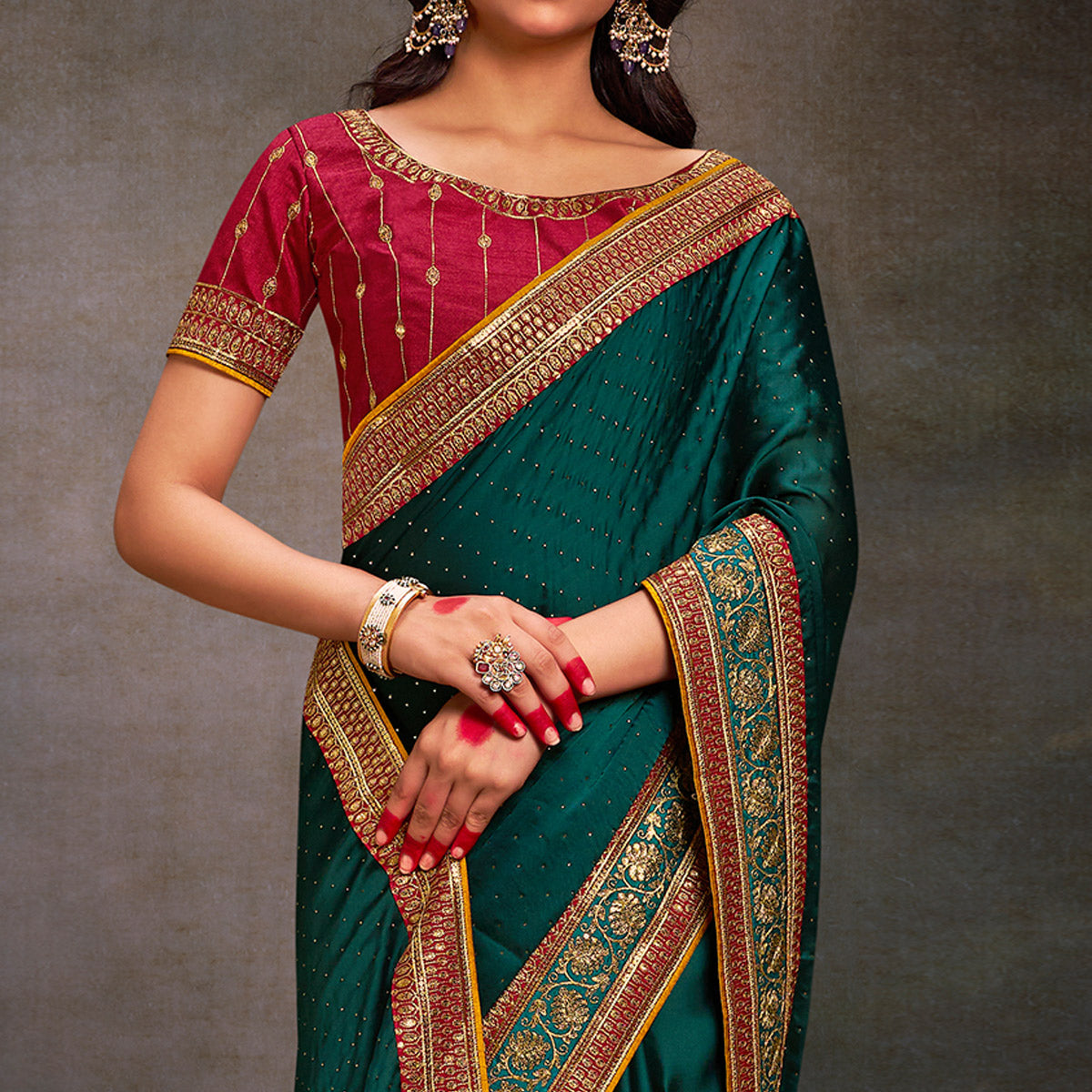 Dark Rama Green Swarovski Work Satin Saree With Tassels