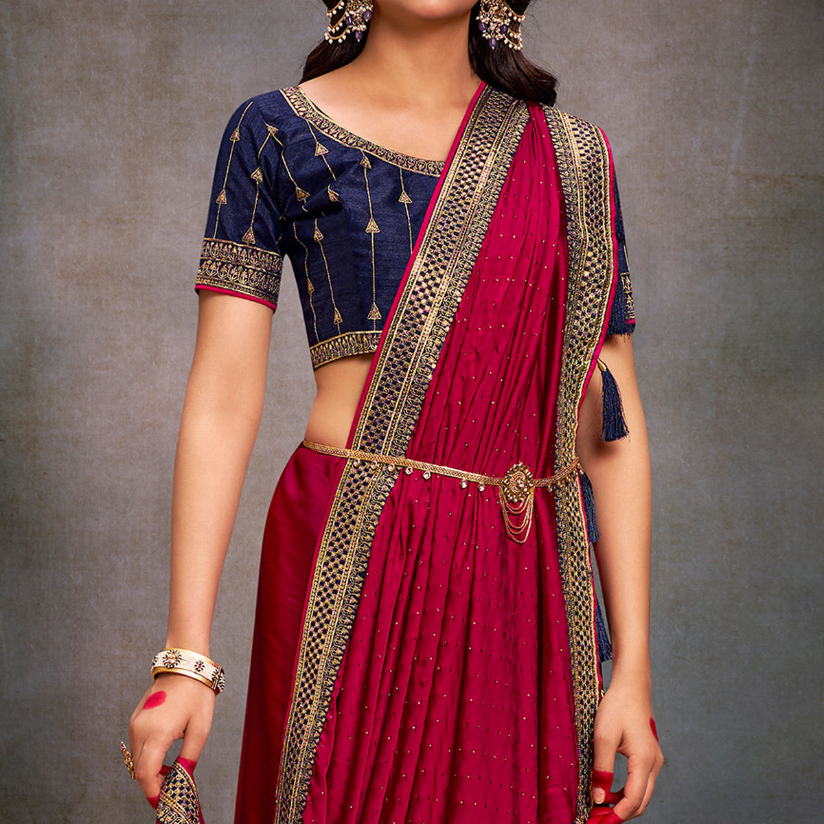Magenta Swarovski Work Satin Saree With Tassels
