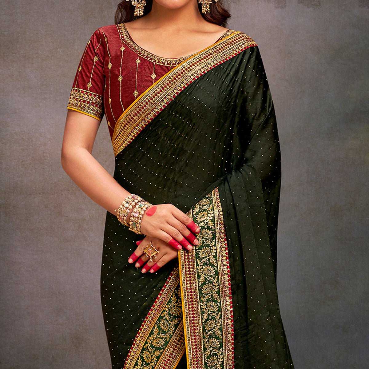 Mehandi Green Swarovski Work Satin Saree With Tassels