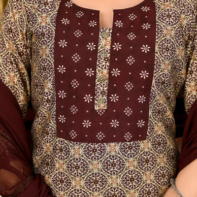 Brown Printed Chanderi Suit
