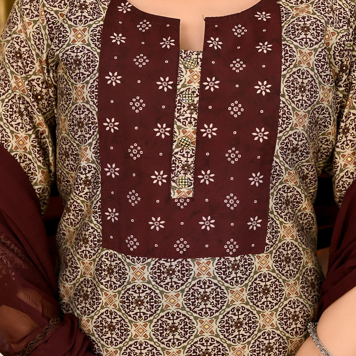 Brown Printed Chanderi Suit