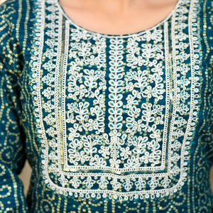 Morpich Foil Bandhani Printed With Embroidered Rayon Kurti