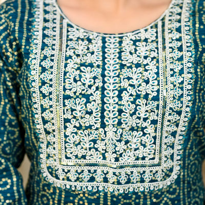 Morpich Foil Bandhani Printed With Embroidered Rayon Kurti