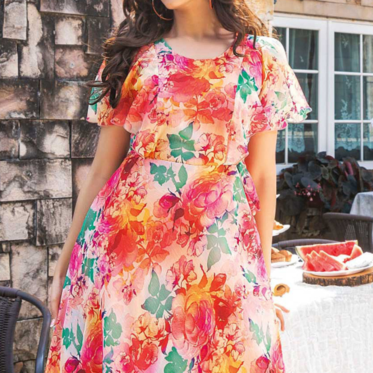 Multicolor Digital Floral Printed Chiffon Dress