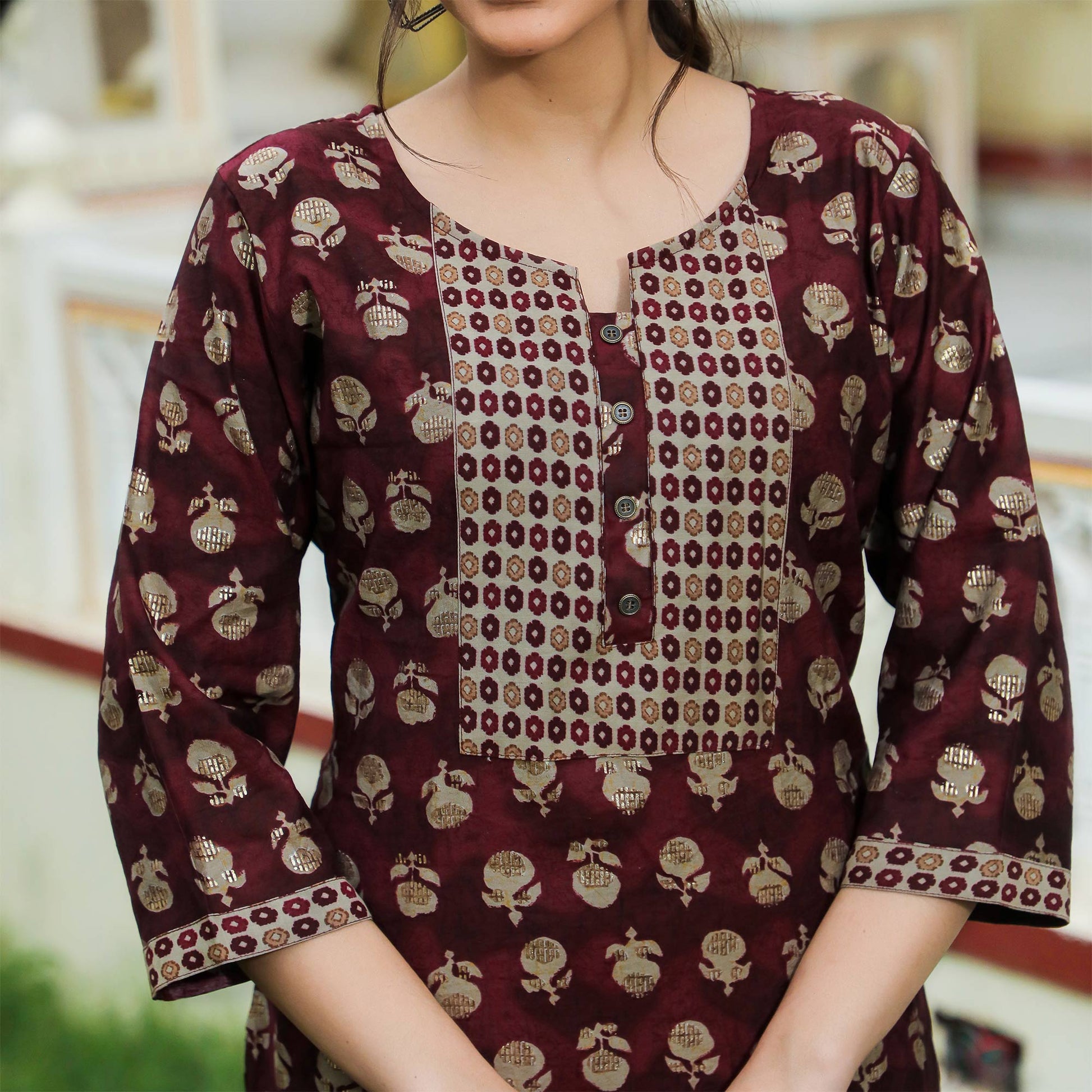 Maroon Floral Foil Printed Modal Suit