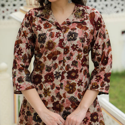 Maroon Floral Foil Printed Chanderi Co Ord Set