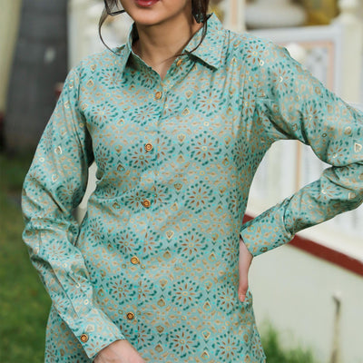 green-foil-printed-chanderi-kurti-pant-set