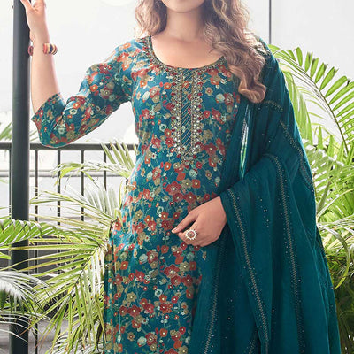 Blue Straight Chanderi Silk Suit With Handcrafted & Foil Print