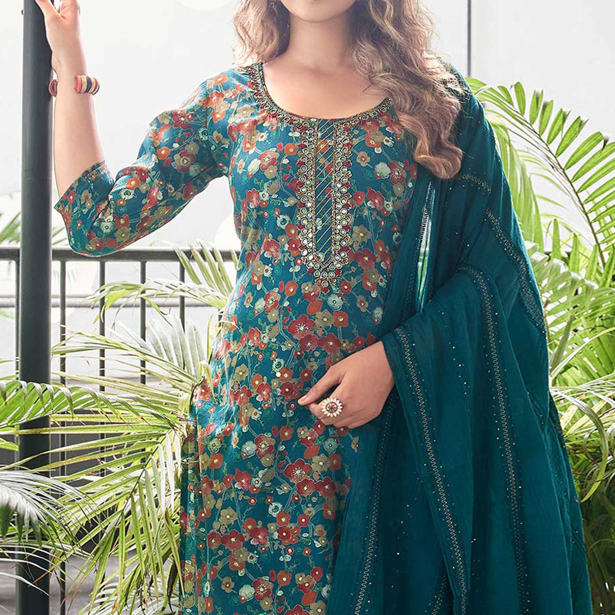 Blue Straight Chanderi Silk Suit With Handcrafted & Foil Print