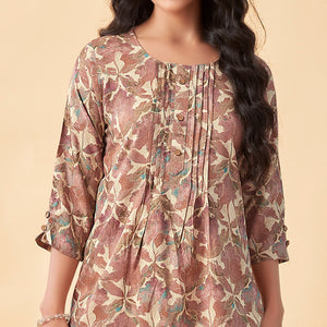 Brown Floral Foil Printed Rayon Top