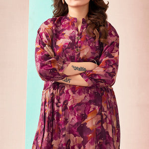Maroon A-Line Printed Chanderi Silk Dress