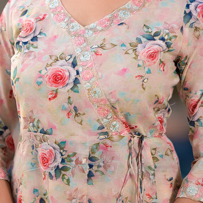 Cream Floral Printed Mulmul Cotton Anarkali Salwar Suit