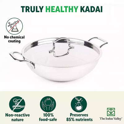 TurboCuk Tri-ply Stainless Steel Kadai+ Steel Lid, Premium Quality, 3 Layer Thick Body, 100% Toxin-free,