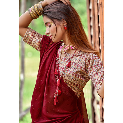 Maroon Swarovski Work Solid Chiffon Saree